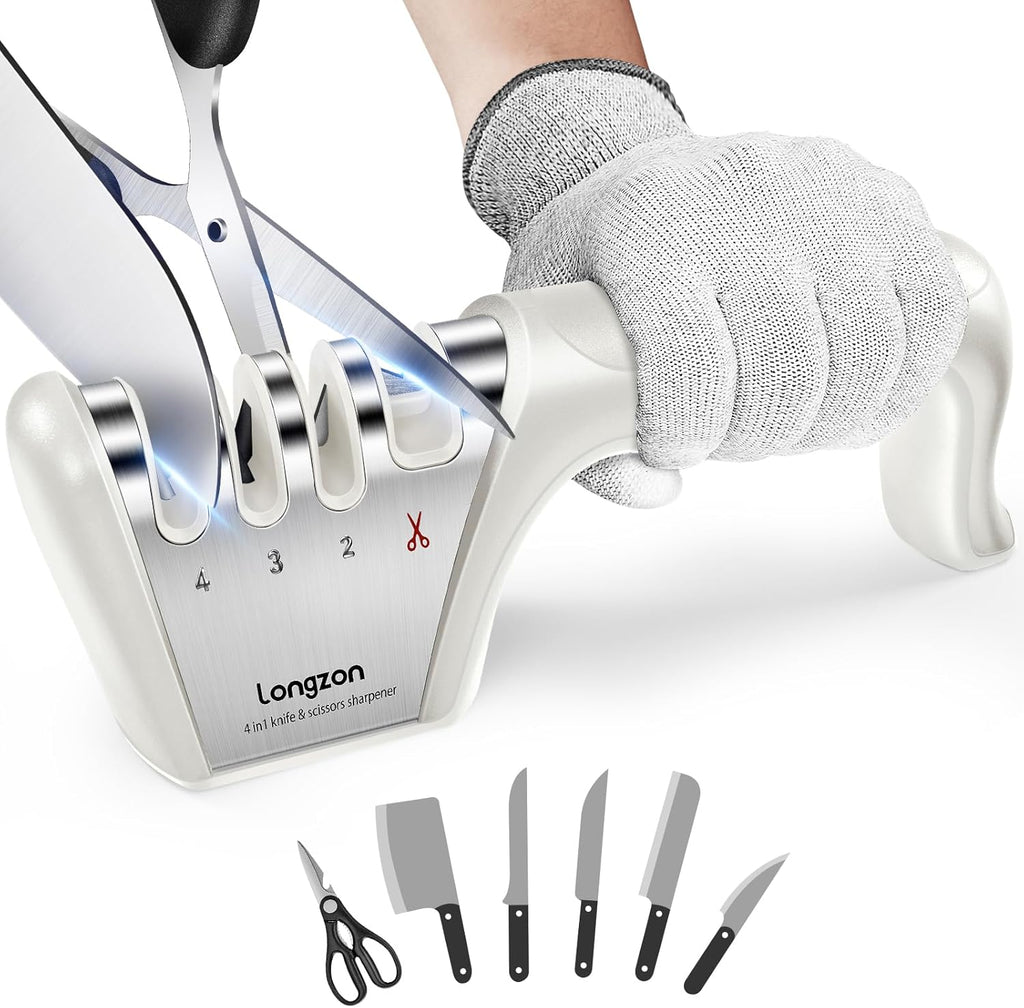 5-In-1 Knife Sharpener 4 Stage with Cut-Resistant Glove, Quickly Sharpens & Restores Dull Blades, Easy & Safe for Home Kitchen Use, Fits Most Knives and Scissors, Black+Silver