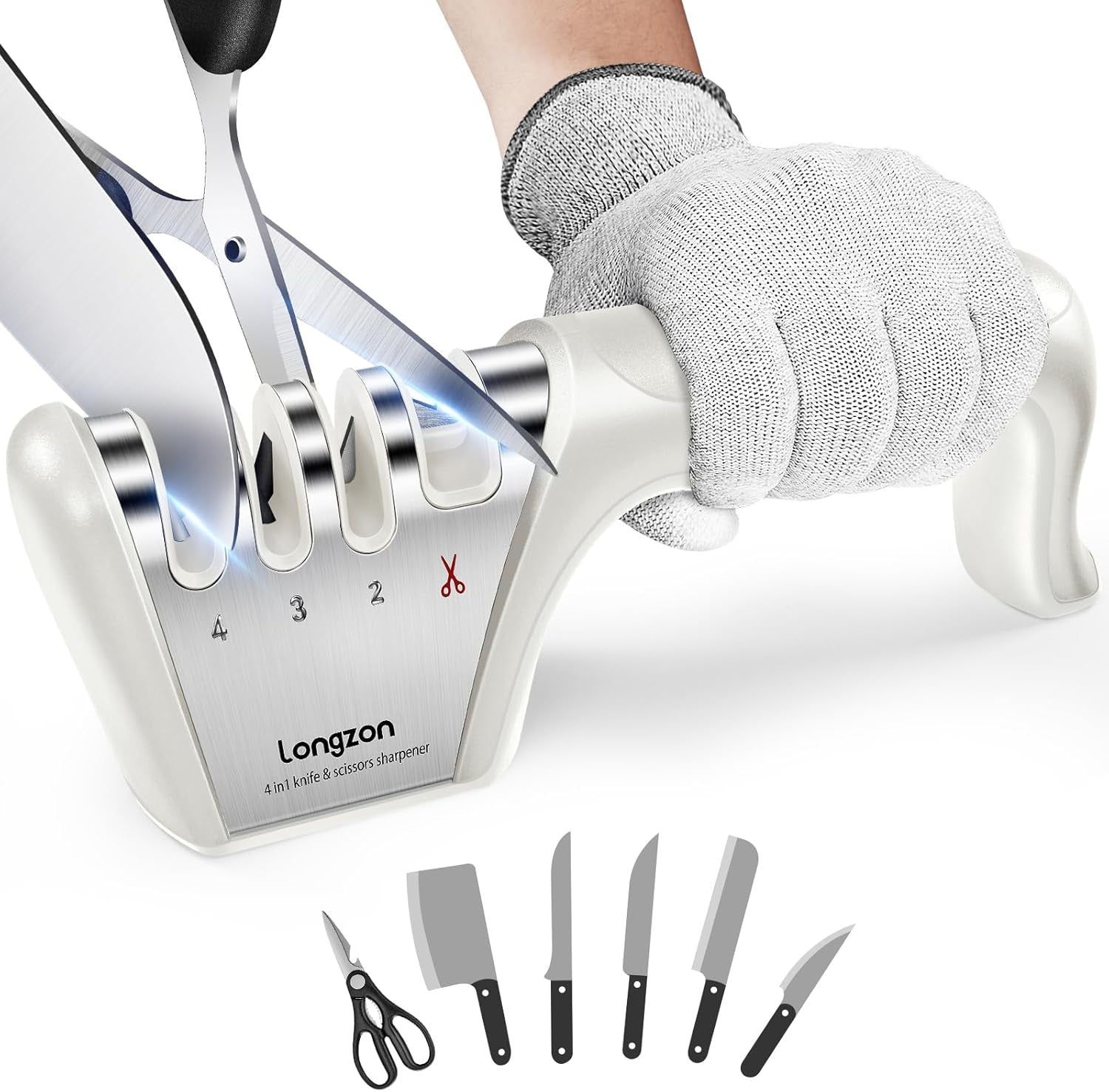 5-In-1 Knife Sharpener 4 Stage with Cut-Resistant Glove, Quickly Sharpens & Restores Dull Blades, Easy & Safe for Home Kitchen Use, Fits Most Knives and Scissors, Black+Silver