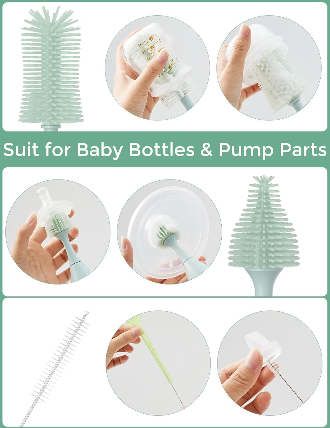 Bottle Brush Kit with Push-Press Foam Design - Newborn Essentials Gift, Portable Cleaning Tool for Home & Travel, Baby Bottle Cleaner Brush for Breast Pumps & Nipples, Green