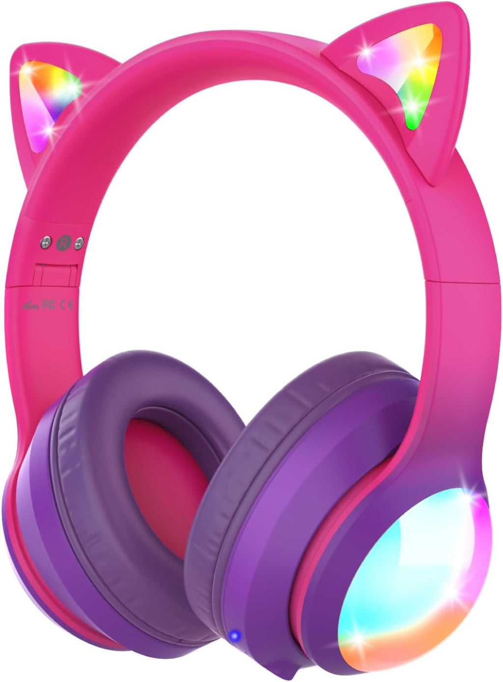 Kids Headphones with LED Cat Ears (85Db Safe Volume Limit), 3.5Mm Soft On-Ear Wired Headphones with Tangle-Free Laced Cables for Ipad/Tablet/School/Travel - Hot Pink/Purple