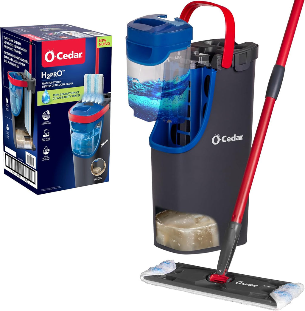 O-Cedar H2Pro Flat Mop System | Quick Everyday Cleaning | Dual-Tank Fresh Water System | Machine Washable Reusable Microfiber Mop Pad | Safe on Hardwood, Tile & Vinyl Floors