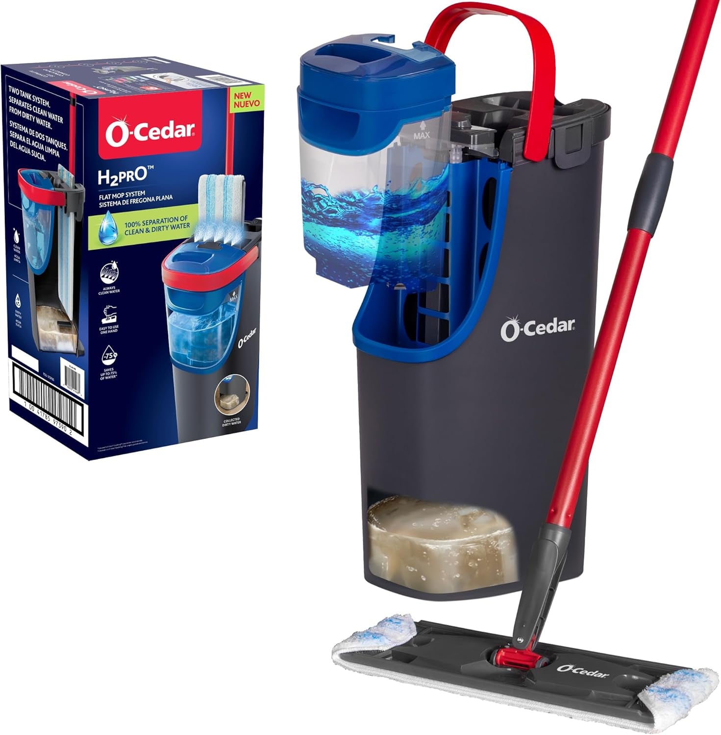 O-Cedar H2Pro Flat Mop System | Quick Everyday Cleaning | Dual-Tank Fresh Water System | Machine Washable Reusable Microfiber Mop Pad | Safe on Hardwood, Tile & Vinyl Floors