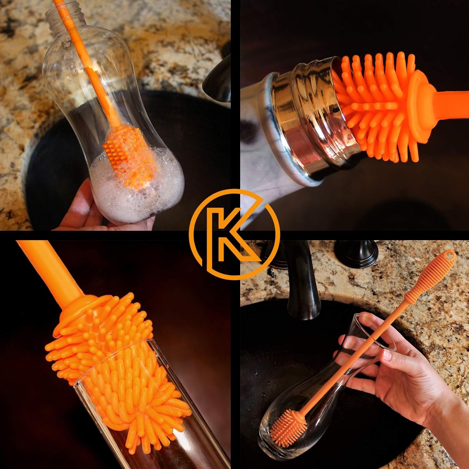Silicone Bottle Brush with 2 Straw Cleaners - 12.5” Water Bottle Cleaner Brush for Yeti, Hydro Flask, Owala, Stanley, Baby Bottles, Glassware, Vases & Narrow Neck Containers - Orange