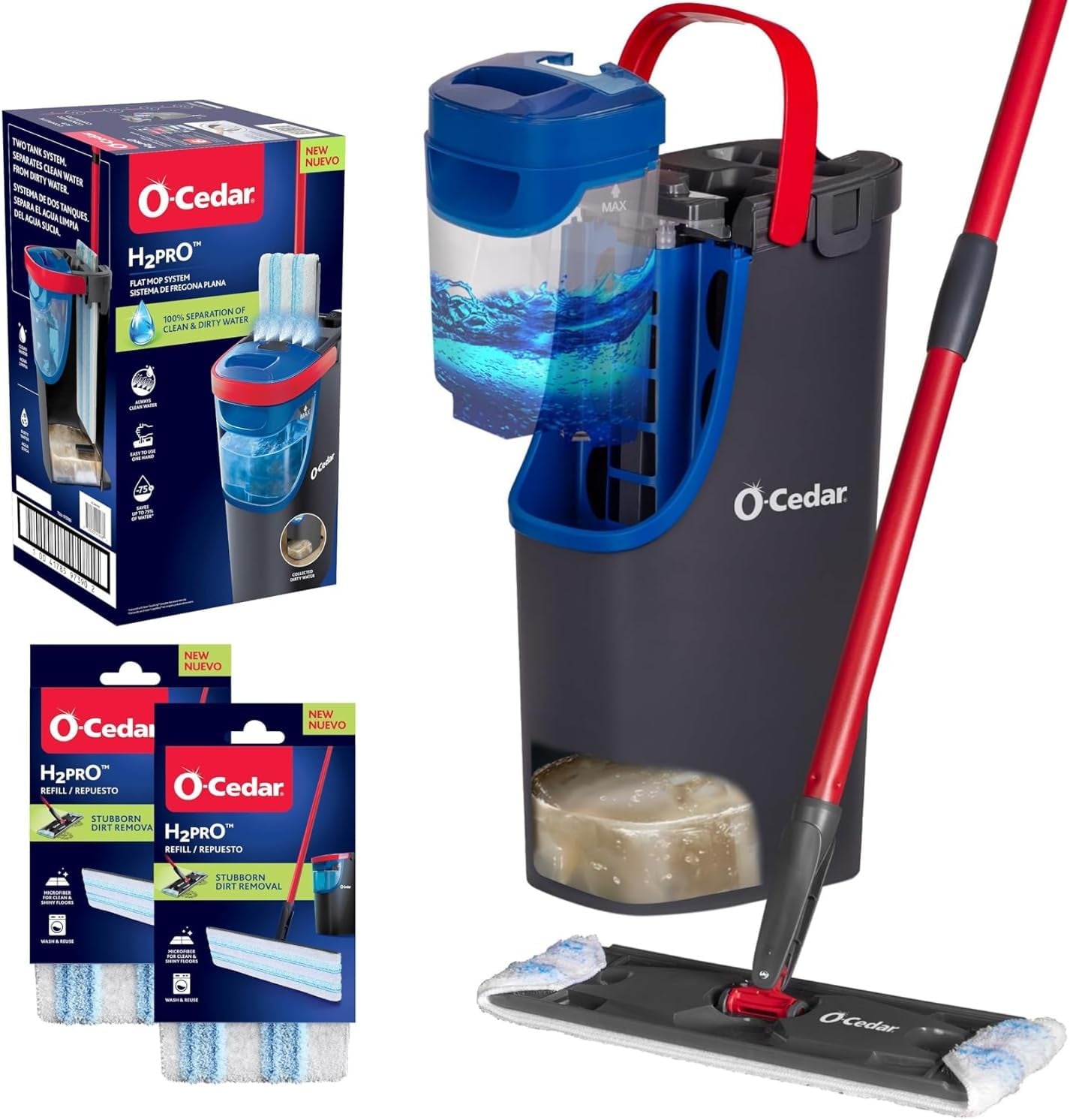 O-Cedar H2Pro Flat Mop System | Quick Everyday Cleaning | Dual-Tank Fresh Water System | Machine Washable Reusable Microfiber Mop Pad | Safe on Hardwood, Tile & Vinyl Floors