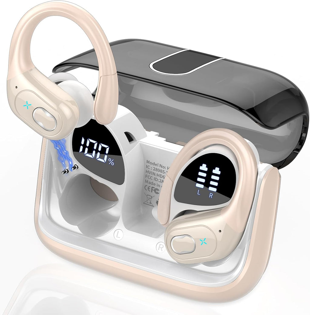 Wireless Earbuds 75Hrs Bluetooth 5.4 Headphone Sport, 2026 Bluetooth Earbuds Stereo Deep Bass over Ear Bud with Earhooks, ENC Noise Cancelling Mic, IPX7 Waterproof Earphone for Gym/Workout, Rose Gold