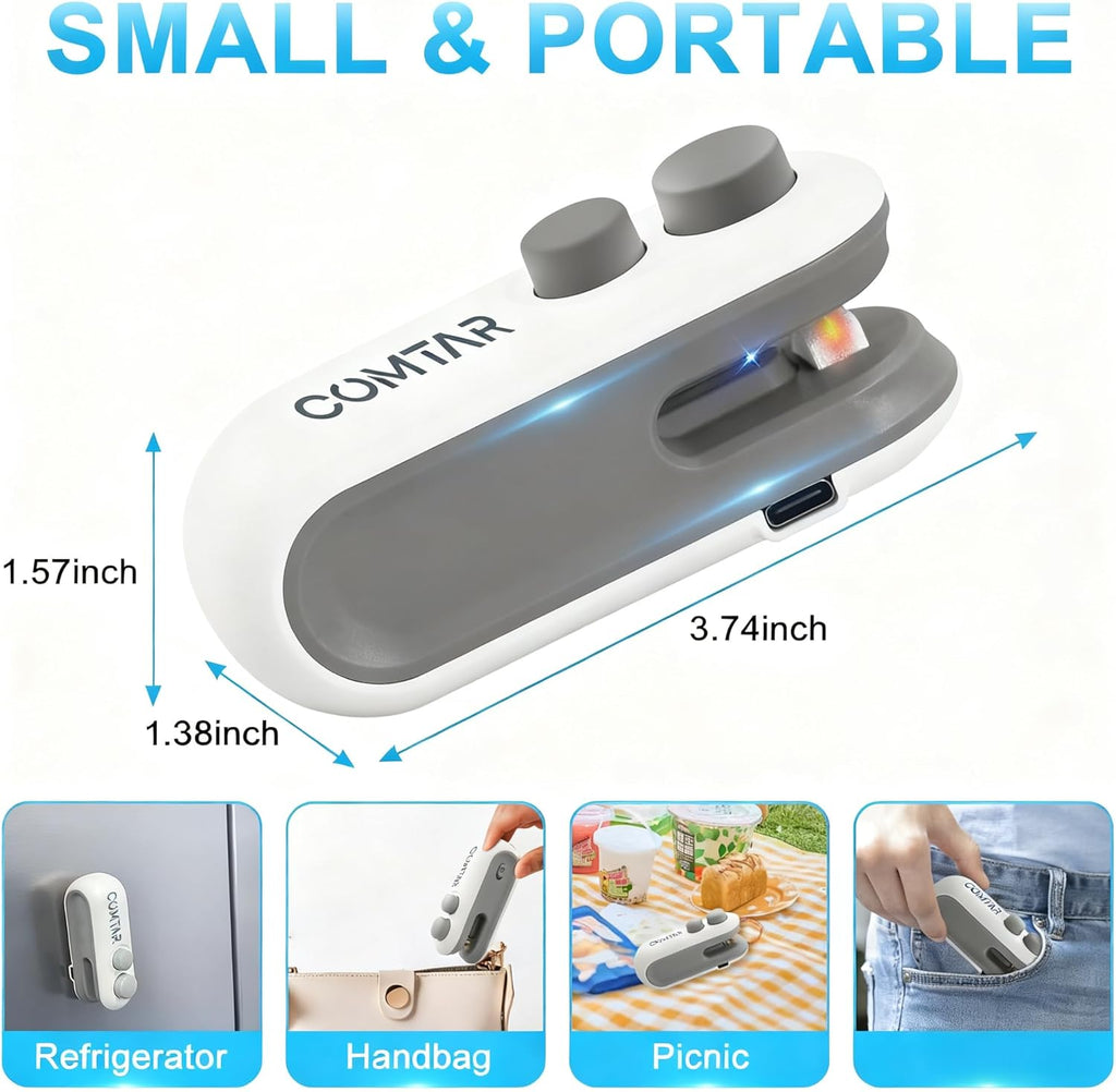 Mini Bag Sealer with Cutter and Magnet, 2 in 1 Rechargeable Vacuum Sealer Bag Heat Seal Machine with Sealer&Cutter for Plastic/Chip/Vacuum Sealer Bags (White 2.0)