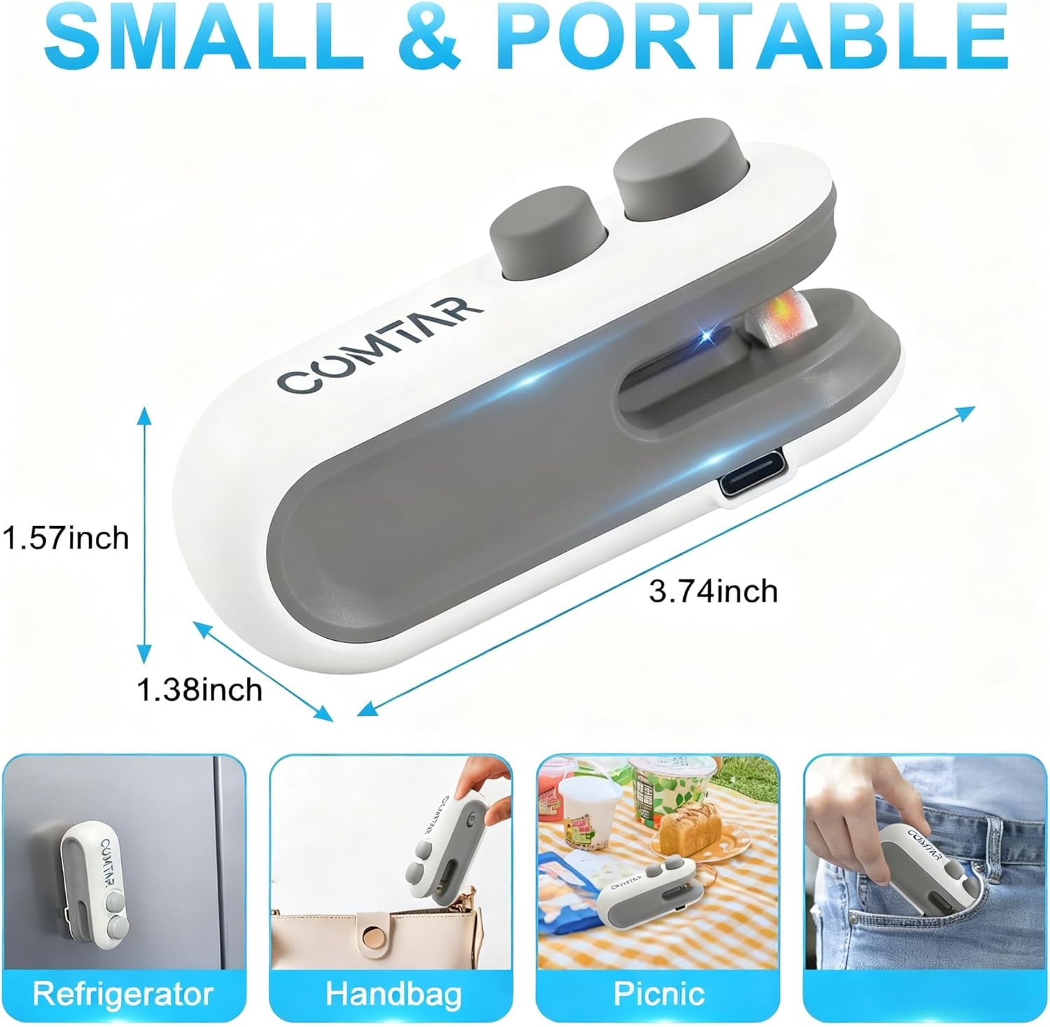 Mini Bag Sealer with Cutter and Magnet, 2 in 1 Rechargeable Vacuum Sealer Bag Heat Seal Machine with Sealer&Cutter for Plastic/Chip/Vacuum Sealer Bags (White 2.0)