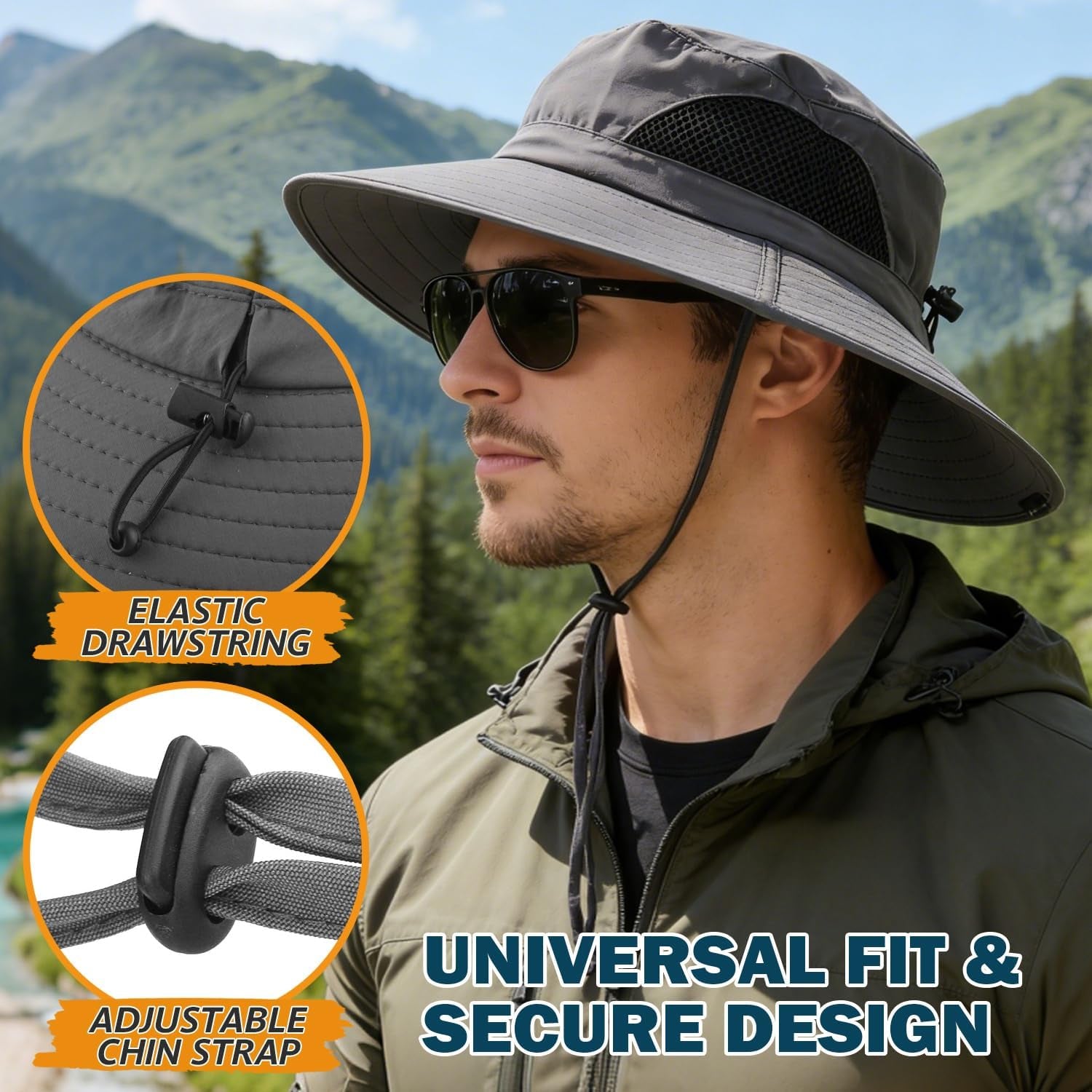 Wide Brim Sun Bucket Hat, Waterproof Boonie Hat for Men & Women | UPF 50+ UV Protection, Adjustable Fit, Chin Strap & Sweatband, Foldable Durable for Fishing Hiking Garden Beach