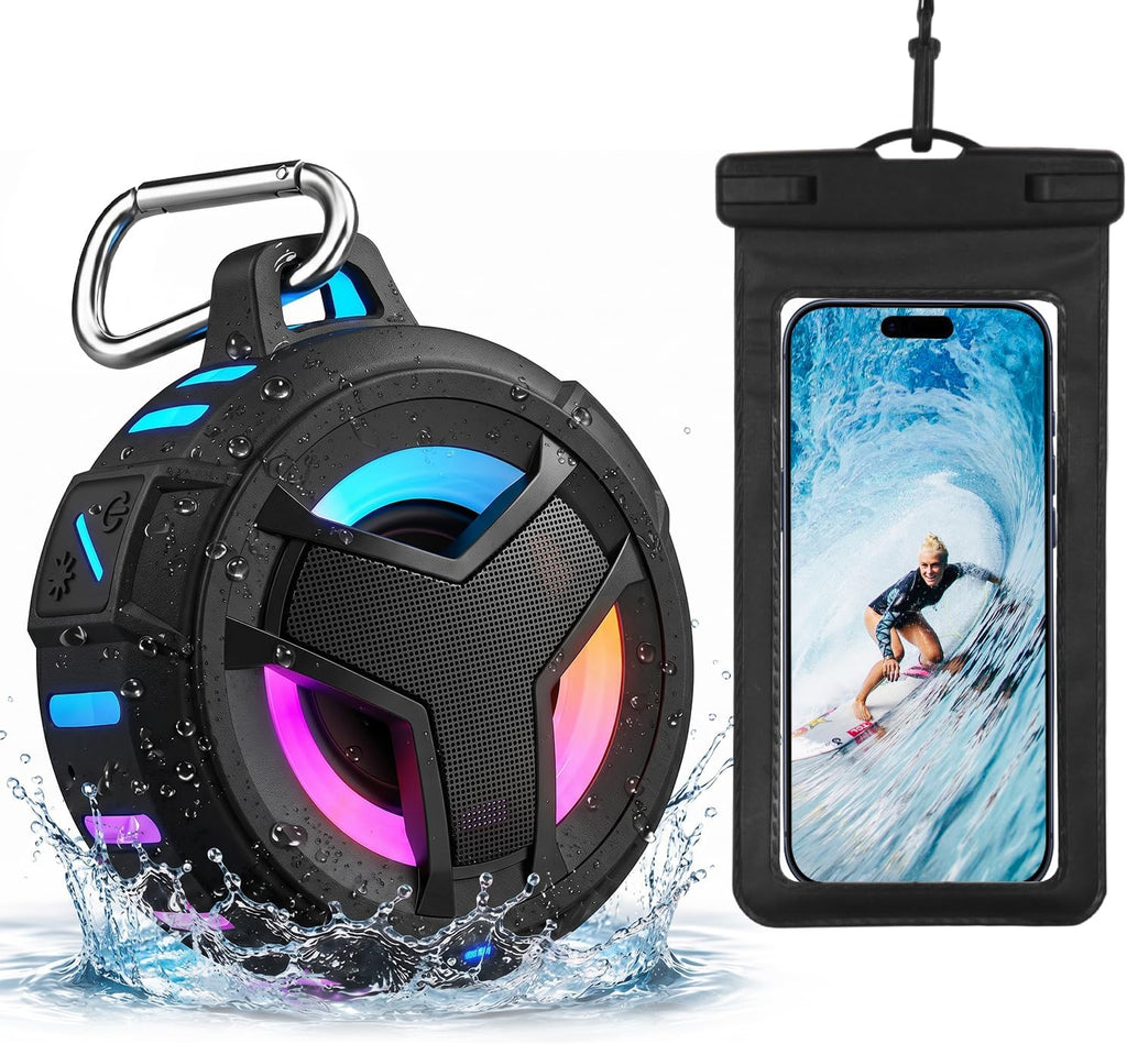 Bluetooth Shower Speaker, Portable Bluetooth Speakers, IP67 Waterproof Wireless Speaker with LED Light, Floating, 2000Mah, True Wireless Stereo for Kayak, Beach, Gifts for Unisex -Black
