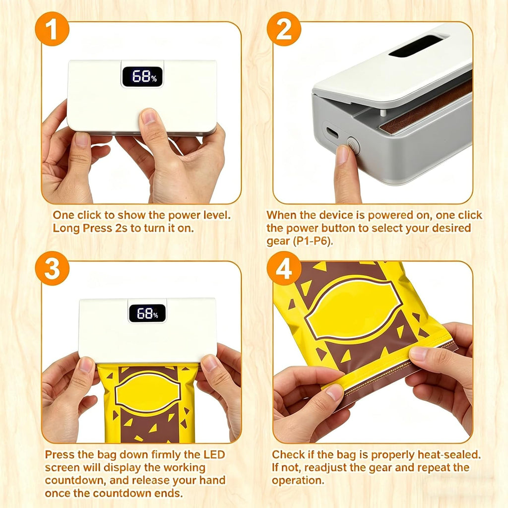 Mini Bag Sealer, Rechargeable Sealer Machine with LED Power Display, 6 Gear Adjustable Portable Bag Sealer Heat Sealer and Cutter, Bag Resealer for Chips Snacks Mylar Plastic Bags
