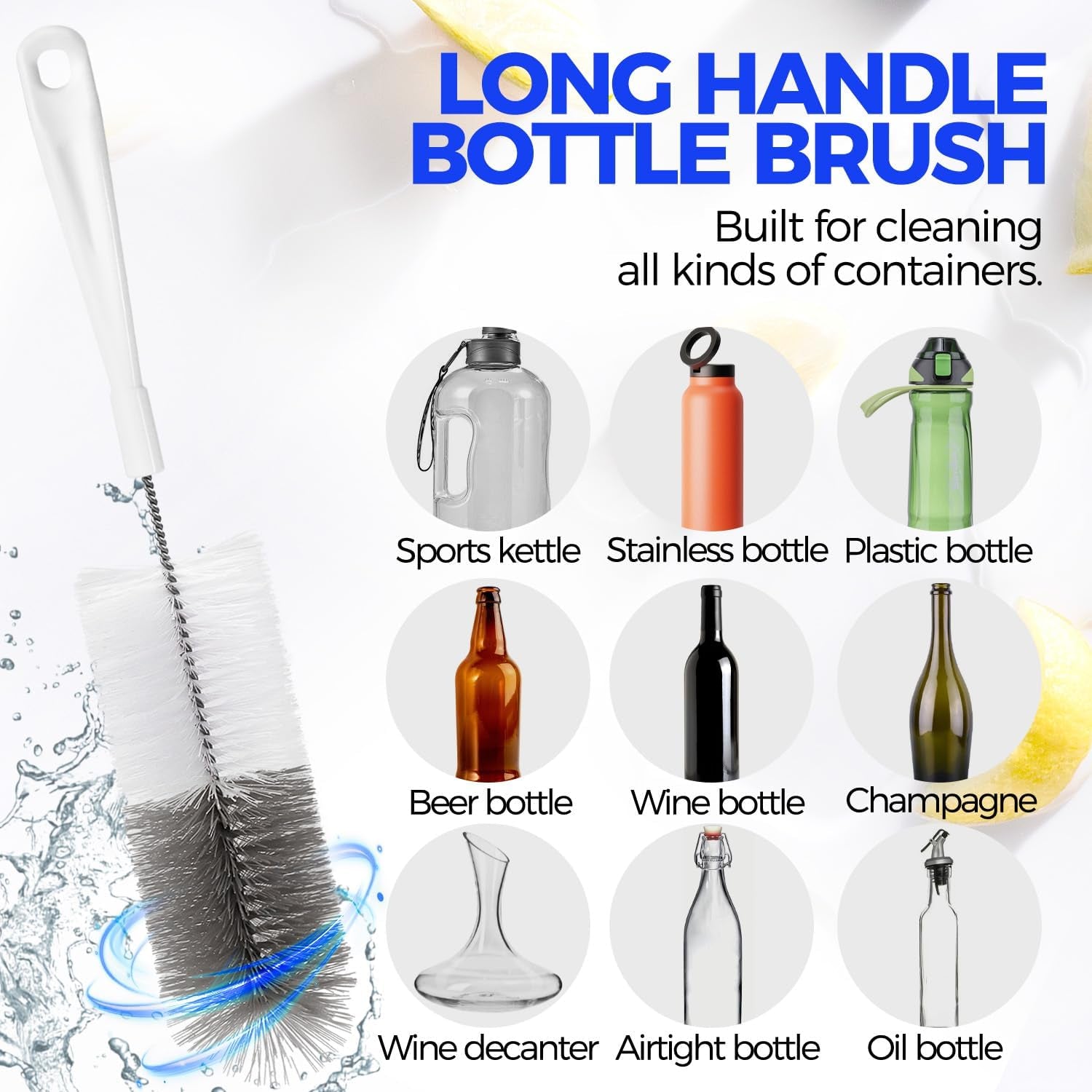 10 Pack Bottle Brush Cleaner Set, 15" Long Handle Bottle Cleaner Brush, Flexible Long Handle Water Bottle Brush for Narrow Neck Beer Wine, 8 Straws, Abrasive Spiral Brushes, White Grey