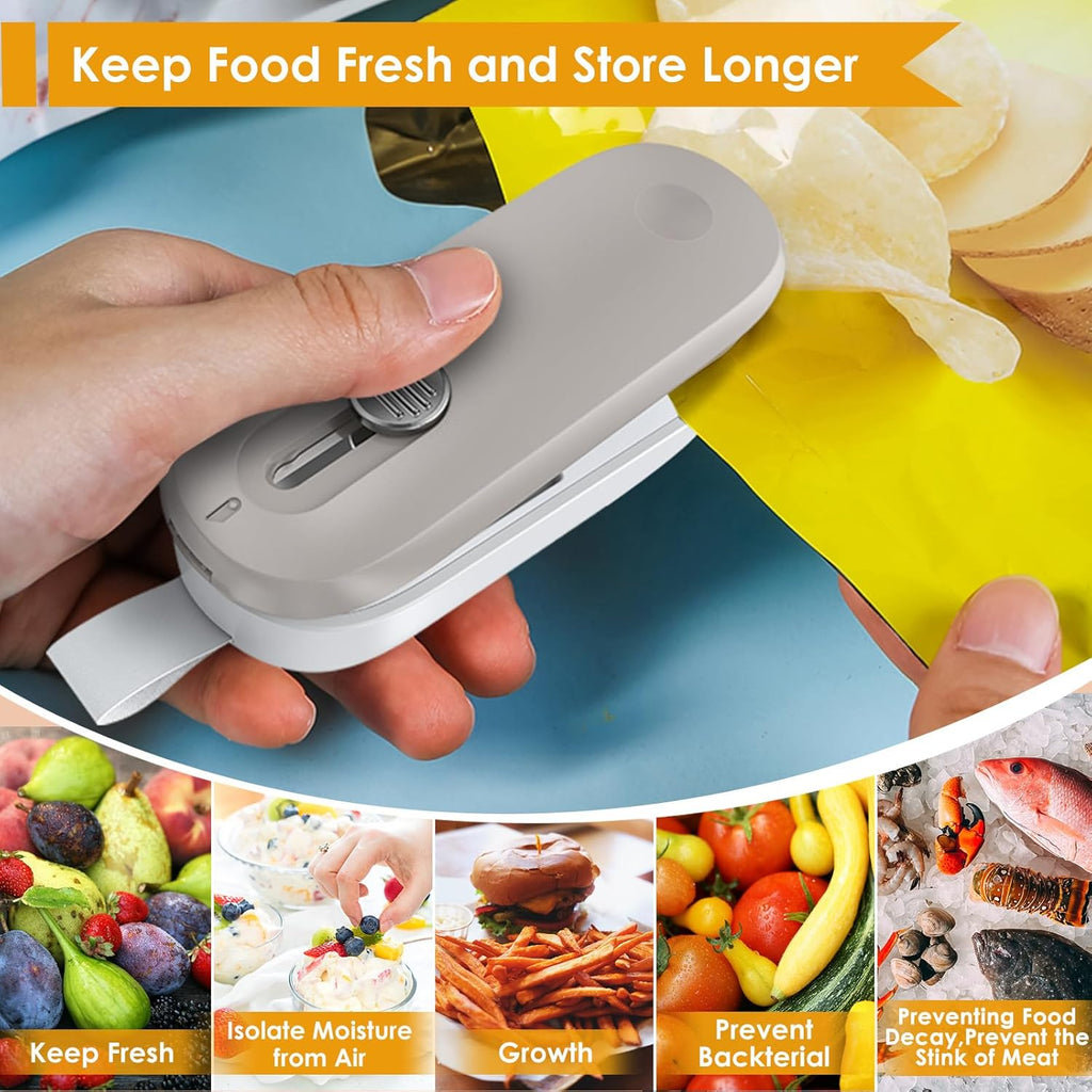 Mini Bag Sealer, Bag Sealer with Cutter 2 in 1 Heat Sealer, Portable Chip Sealer Handheld Food Sealer Mini Sealing Machine for Plastic Bags Chip Bags Food Storage (Battery Included)