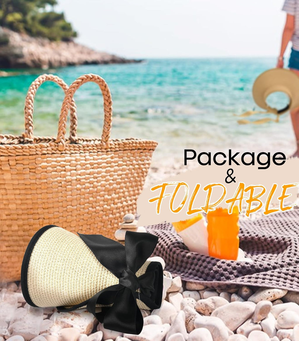 Sun Visors for Women Wide Brim Beach Hat Foldable Straw Visor Hat Ponytail Summer Packable UPF 50+