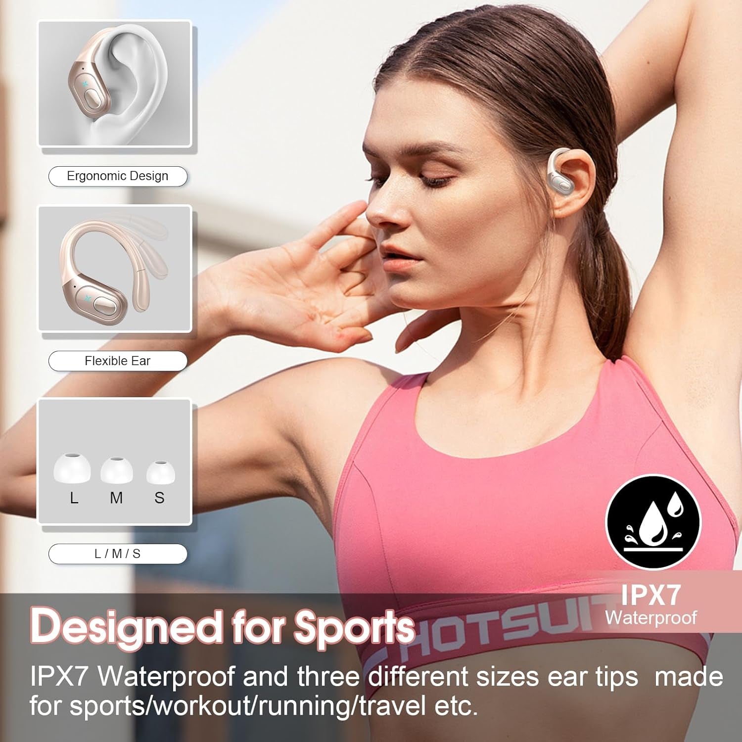 Wireless Earbuds 75Hrs Bluetooth 5.4 Headphone Sport, 2026 Bluetooth Earbuds Stereo Deep Bass over Ear Bud with Earhooks, ENC Noise Cancelling Mic, IPX7 Waterproof Earphone for Gym/Workout, Rose Gold