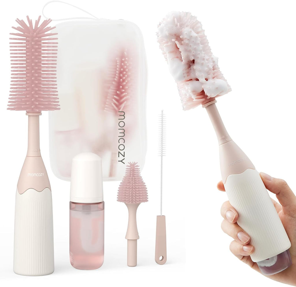 Bottle Brush Set - Baby Bottle Cleaner Kit with Silicone Brush, Nipple Brush, Straw Brush, Soap Dispenser, Drying Rack - 7 in 1 Bottle Cleaning Tool for Home and Travel, Green