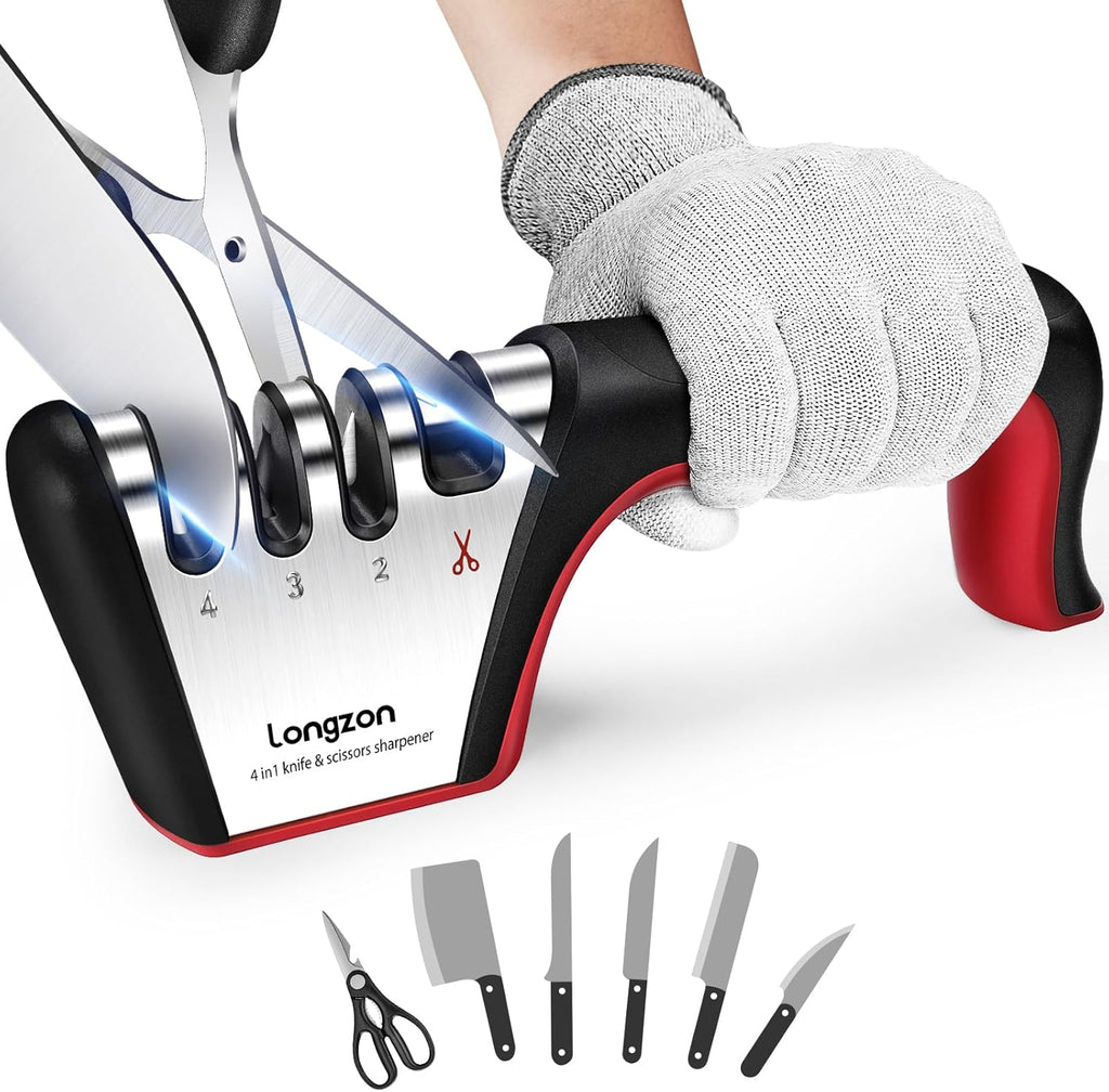 5-In-1 Knife Sharpener 4 Stage with Cut-Resistant Glove, Quickly Sharpens & Restores Dull Blades, Easy & Safe for Home Kitchen Use, Fits Most Knives and Scissors, Black+Silver