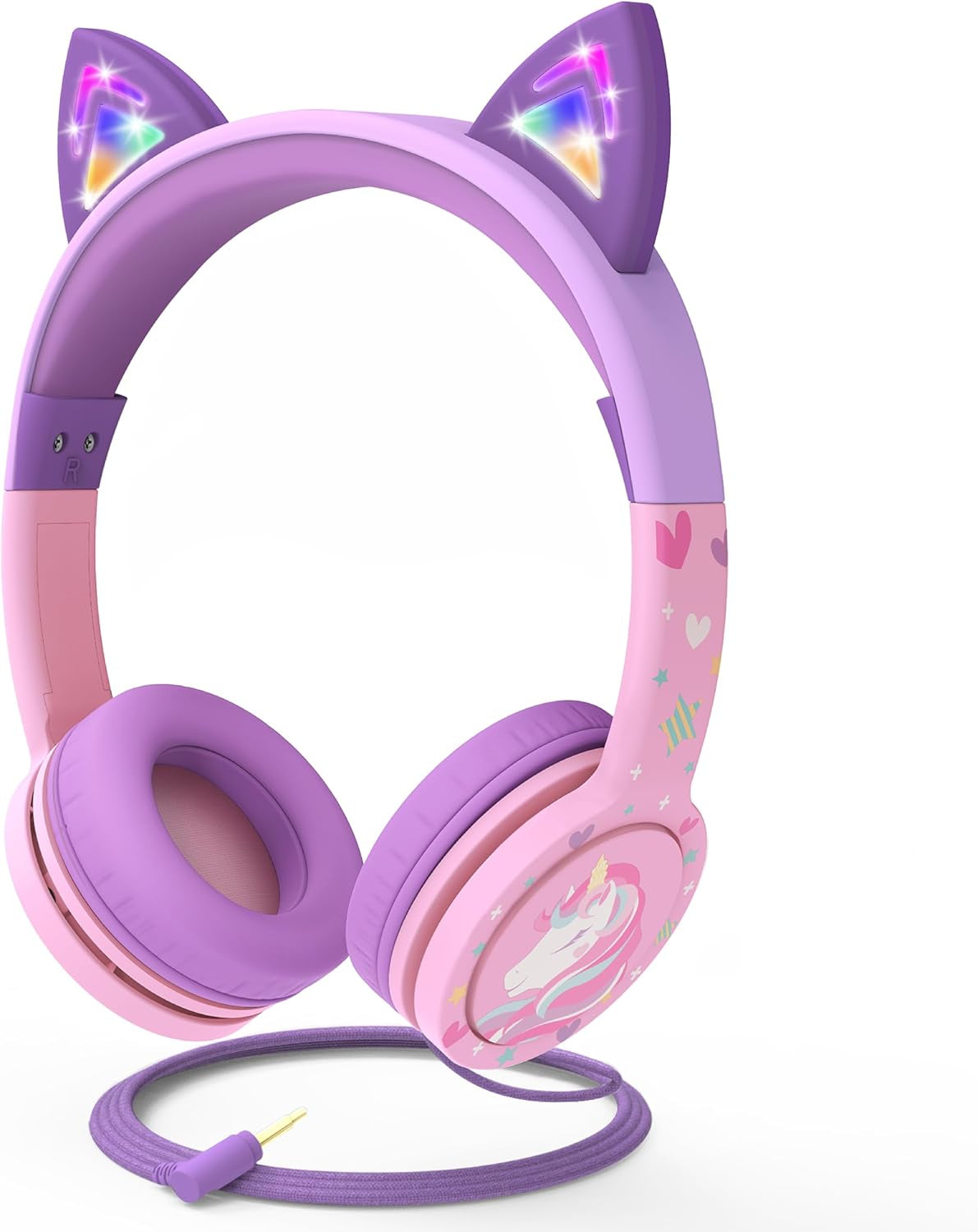 Kids Headphones with LED Cat Ears (85Db Safe Volume Limit), 3.5Mm Soft On-Ear Wired Headphones with Tangle-Free Laced Cables for Ipad/Tablet/School/Travel - Hot Pink/Purple
