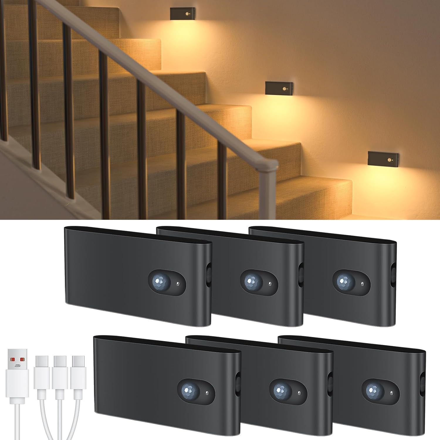Motion Sensor Night Light, Rechargeable Stair Lights Indoor, Warm White Motion Sensor Light Indoor, Battery Operated Night Light for Hallway, Stairway, Bathroom, Bedroom, Kitchen, 6 Pack
