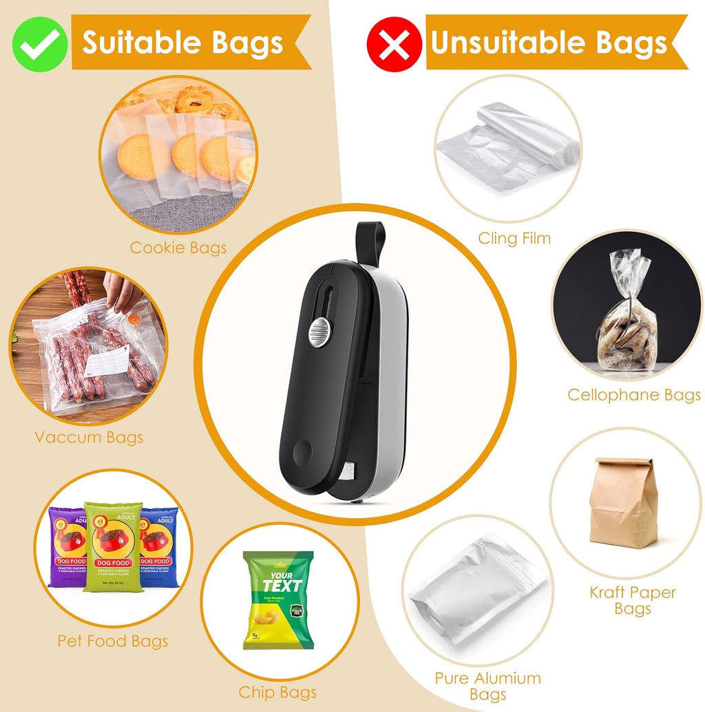 Mini Bag Sealer, 2 in 1 Bag Sealer Heat Seal with Cutter, Portable Vacuum Sealer Handheld Bag Resealer Machine with Lanyard for Plastic Bags Food Snack Storage (Batteries Included)