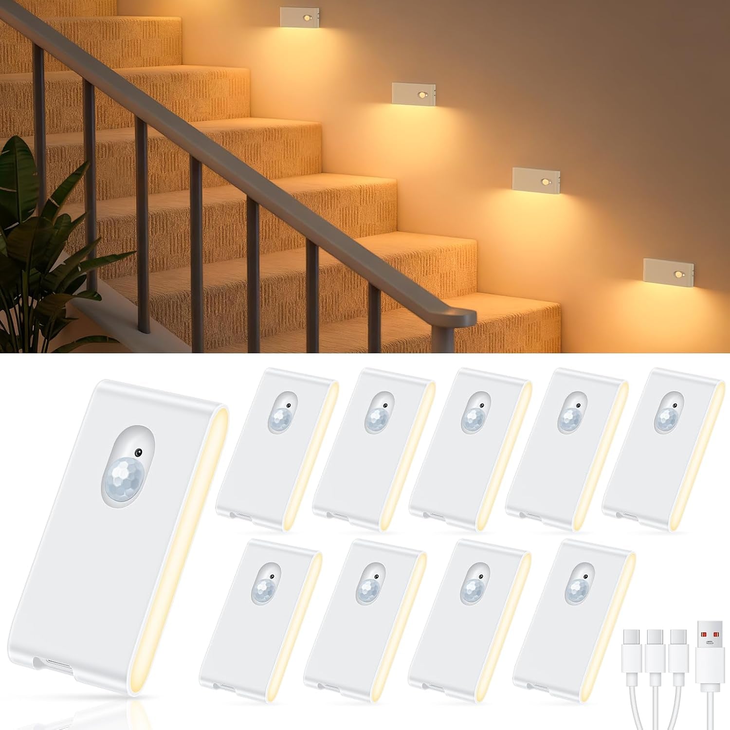 Motion Sensor Night Light, Rechargeable Stair Lights Indoor, Warm White Motion Sensor Light Indoor, Battery Operated Night Light for Hallway, Stairway, Bathroom, Bedroom, Kitchen, 6 Pack