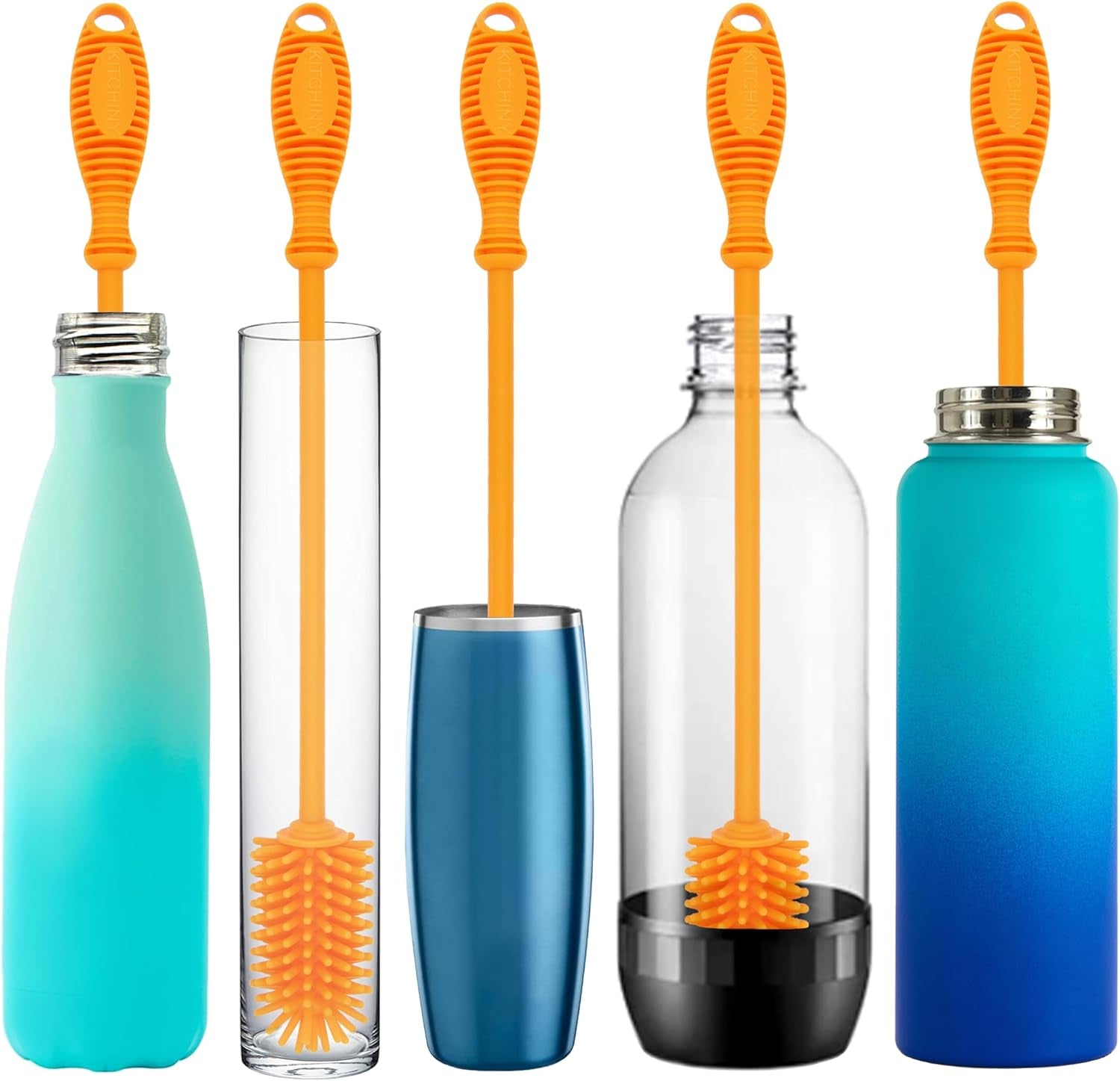 Silicone Bottle Brush with 2 Straw Cleaners - 12.5” Water Bottle Cleaner Brush for Yeti, Hydro Flask, Owala, Stanley, Baby Bottles, Glassware, Vases & Narrow Neck Containers - Orange