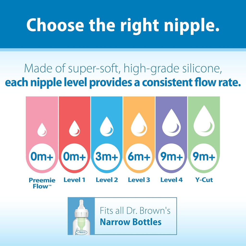 Dr. Brown’S Natural Flow Level 2 Narrow Baby Bottle Silicone Nipple, Medium Flow, 3M+, 100% Silicone Bottle Nipple, 6 Count