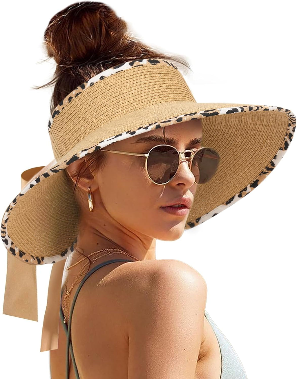 Sun Visors for Women Wide Brim Beach Hat Foldable Straw Visor Hat Ponytail Summer Packable UPF 50+