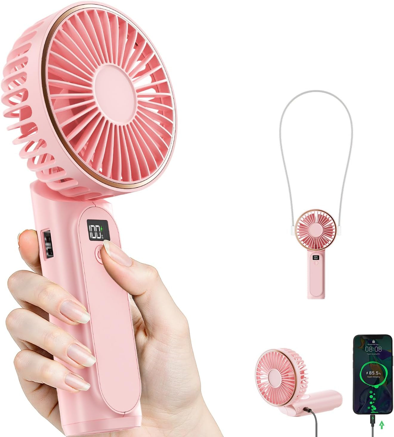 Portable Handheld Fan, Portable Fan Rechargeable, 4000Mah, 180° Adjustable, 6 Speed Wind, Display Electricity in Real Time, USB Rechargeable Foldable F An, Quiet Personal Fan with Power Bank