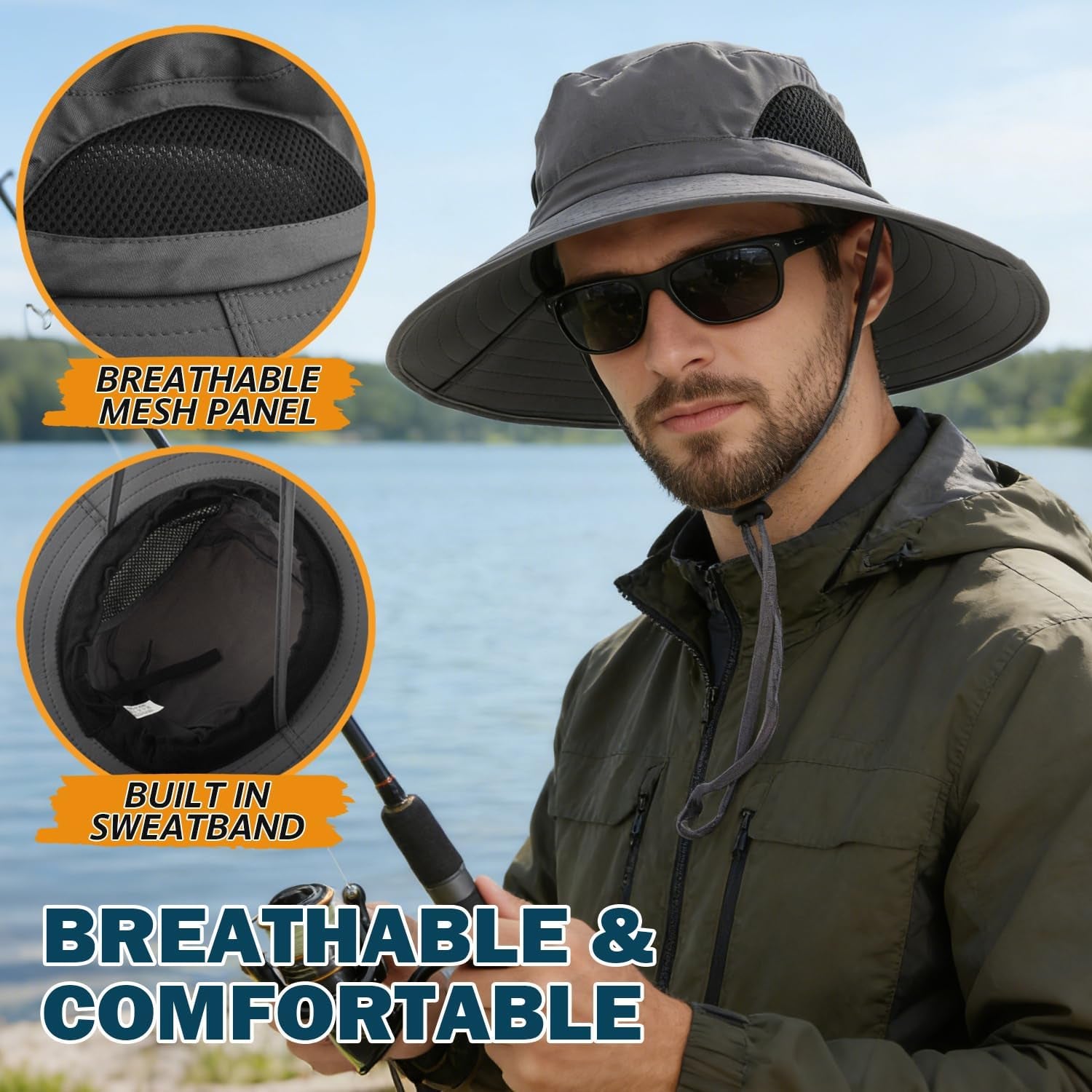 Wide Brim Sun Bucket Hat, Waterproof Boonie Hat for Men & Women | UPF 50+ UV Protection, Adjustable Fit, Chin Strap & Sweatband, Foldable Durable for Fishing Hiking Garden Beach