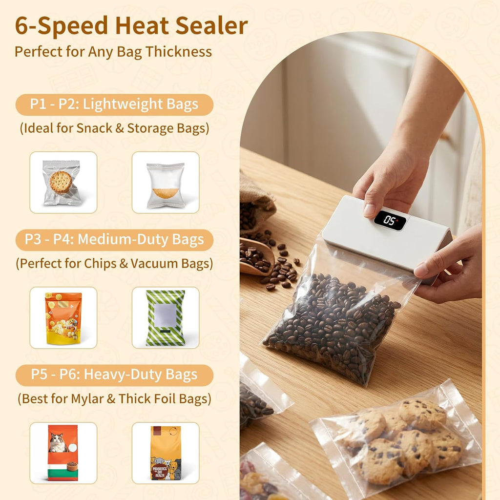 Rechargeable Mini Bag Sealer,6 Adjustable Levels Portable Heat Sealer with Cutter & Magnetic for Food Storage,Sealing Machine for Chip Plastic & Mylar Bags,Kitchen Gadgets for Food Resealer& Freshness