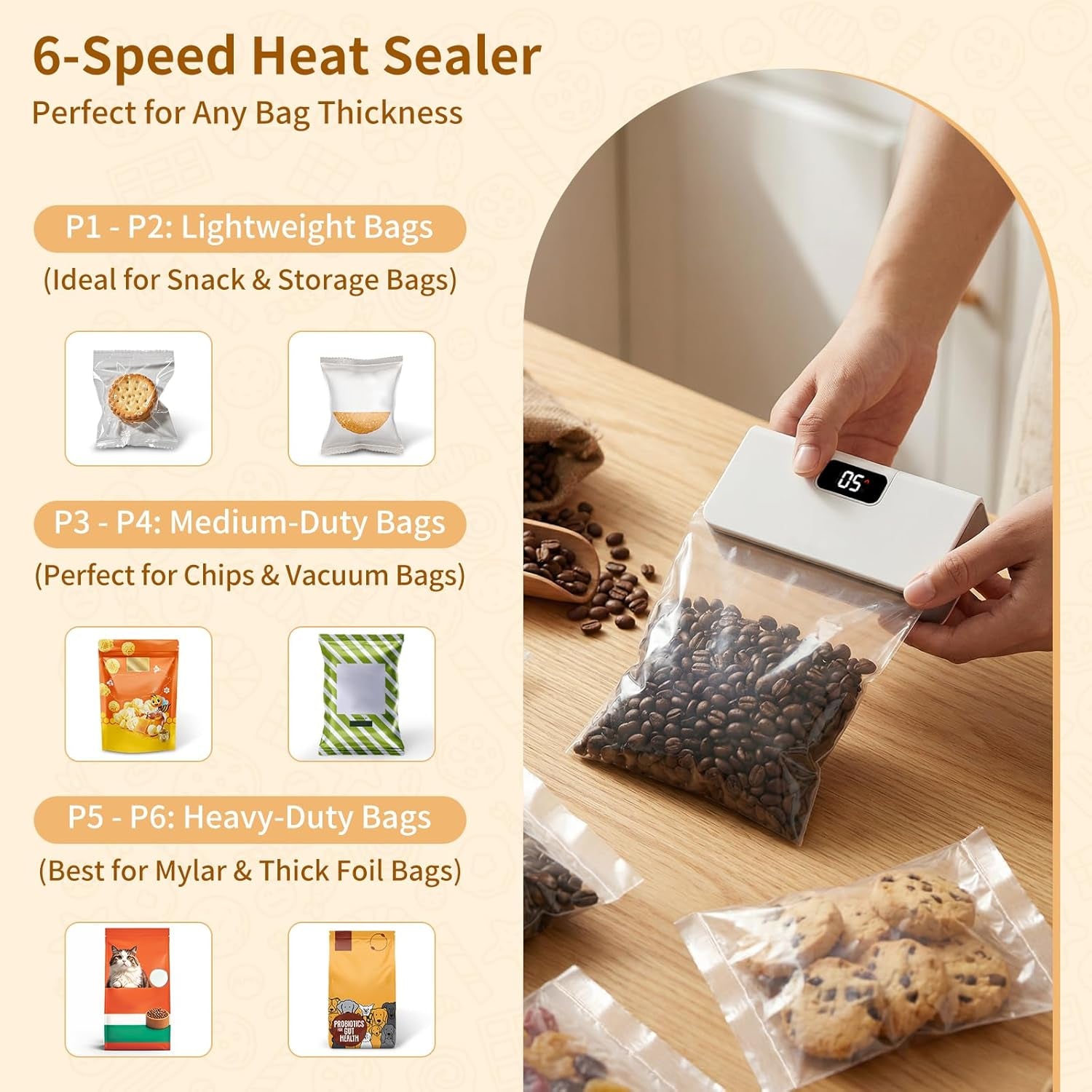 Rechargeable Mini Bag Sealer,6 Adjustable Levels Portable Heat Sealer with Cutter & Magnetic for Food Storage,Sealing Machine for Chip Plastic & Mylar Bags,Kitchen Gadgets for Food Resealer& Freshness