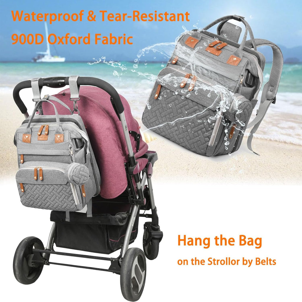 Baby Diaper Bag with Changing Station, Waterproof Diaper Bag Backpack for Moms Dads with USB Charging Port, Baby Shower Gifts, Large Capacity Diaper Backpack, Grey