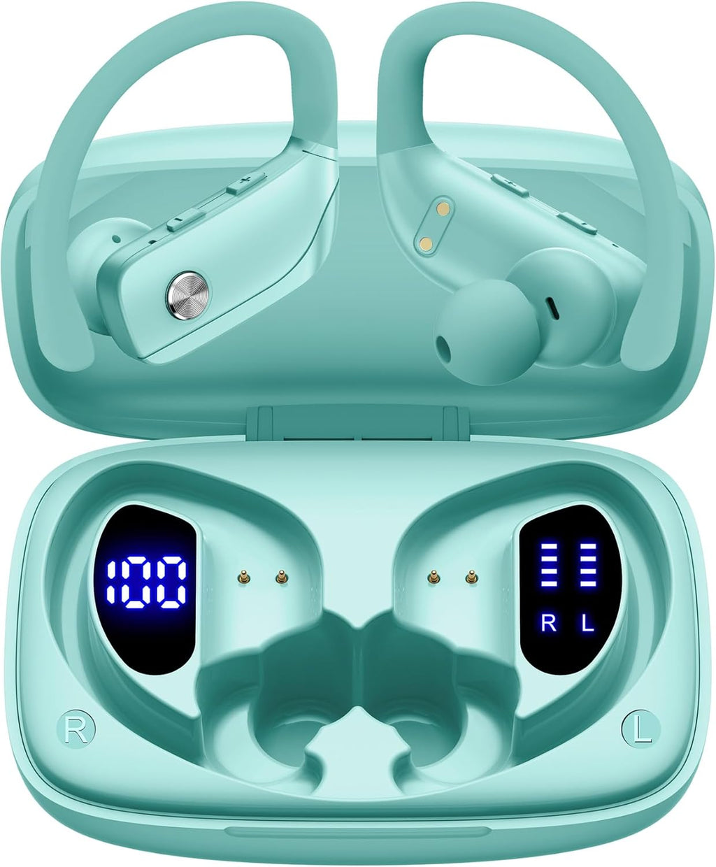 Ear Buds Wireless Earbuds Bluetooth Headphones with 80H Playtime LED Display Case, Over-Ear Hook with Mic, Stereo Sound, Easy Button Controls, Sports Earphones for Running Workout Gym Pink