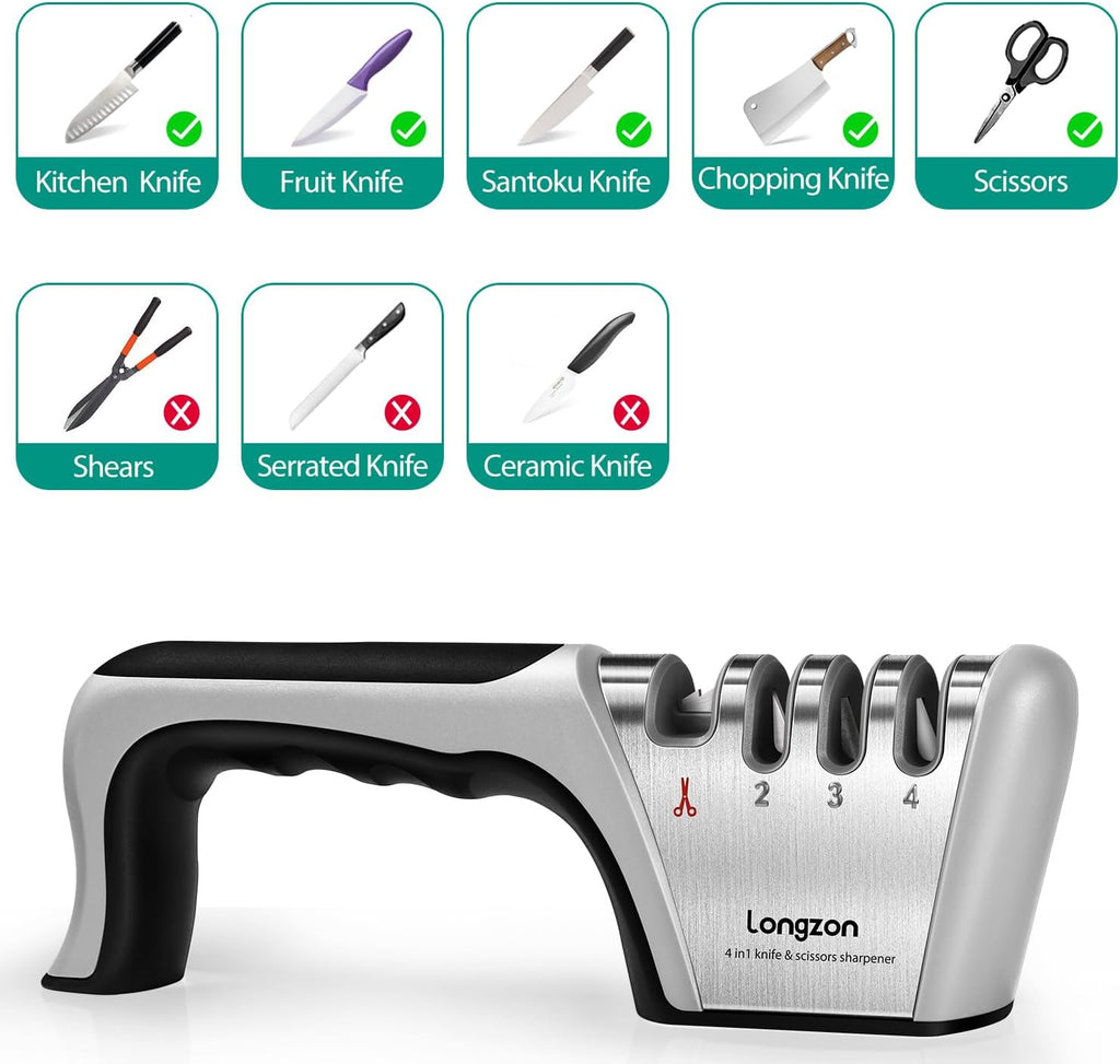 5-In-1 Knife Sharpener 4 Stage with Cut-Resistant Glove, Quickly Sharpens & Restores Dull Blades, Easy & Safe for Home Kitchen Use, Fits Most Knives and Scissors, Black+Silver