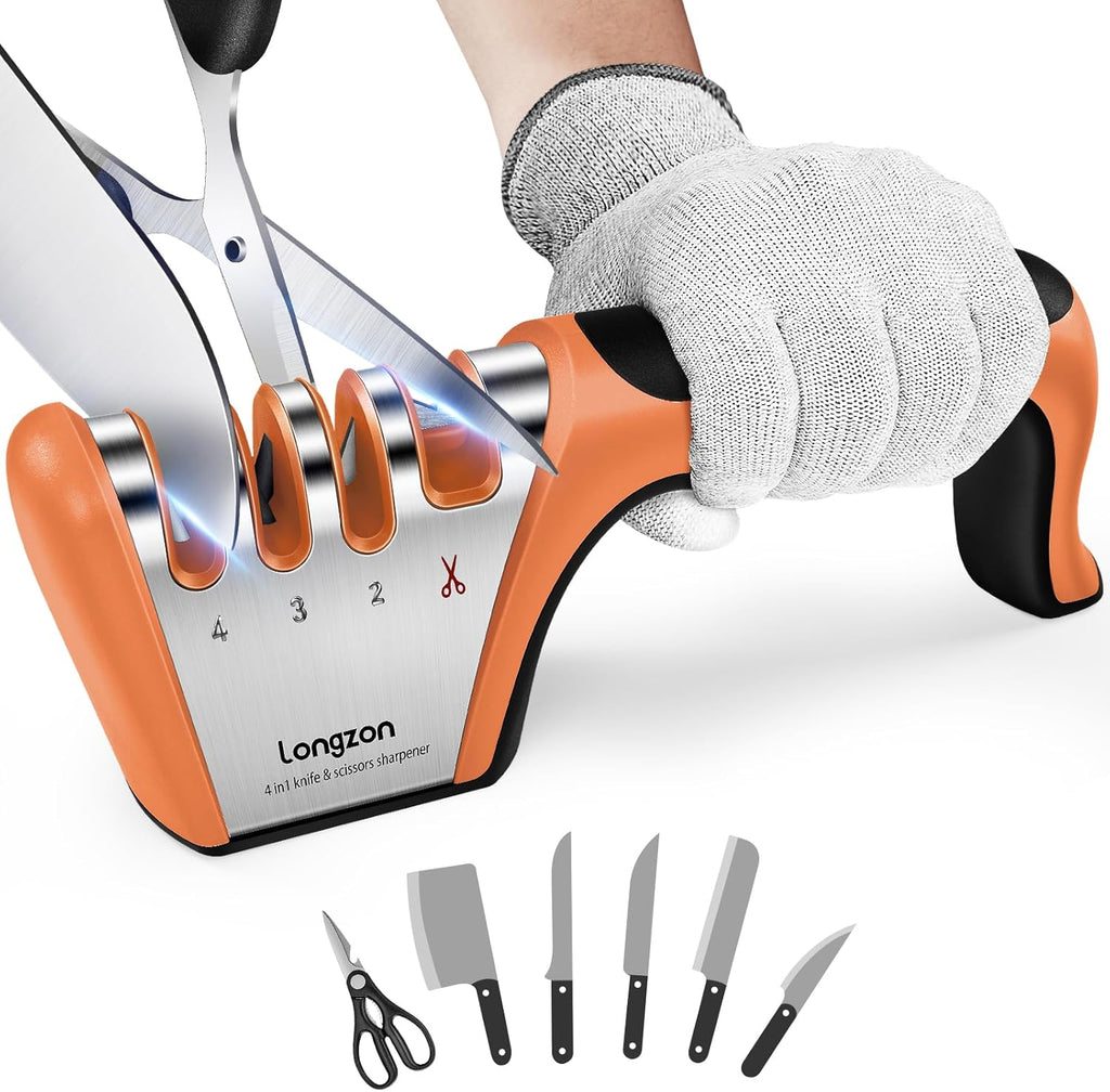 5-In-1 Knife Sharpener 4 Stage with Cut-Resistant Glove, Quickly Sharpens & Restores Dull Blades, Easy & Safe for Home Kitchen Use, Fits Most Knives and Scissors, Black+Silver