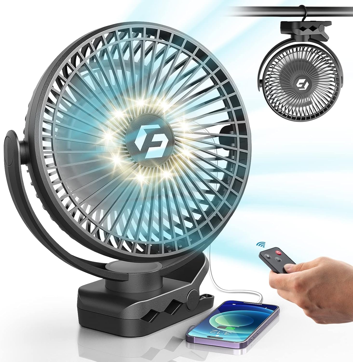 8-Inch Clip on Fan - 20000Mah Portable Fan Battery Rechargeable with 3 Speeds and Strong Airflow, USB Fan Small Desk Fan Personal Quiet Fan for Office, Stroller, Bedroom, Camping, Gifts for Men
