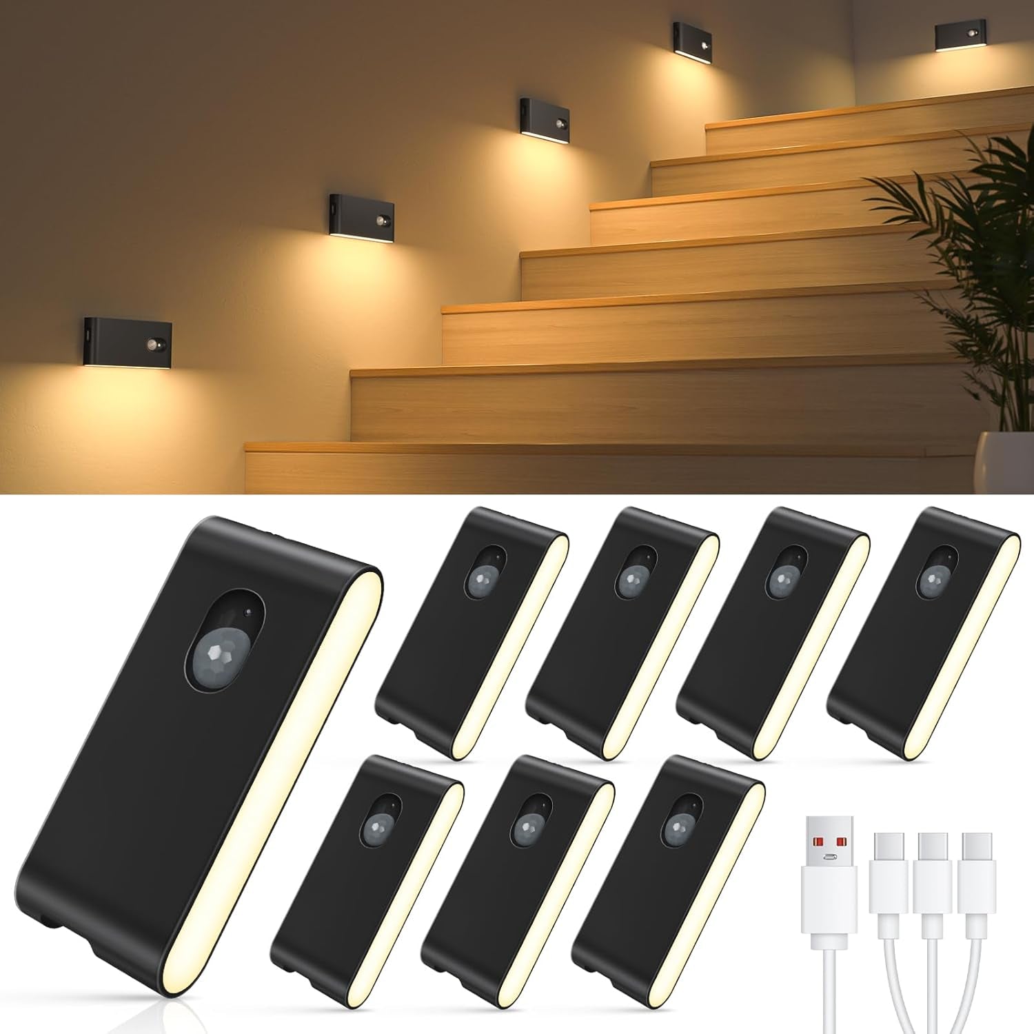Stair Lights Indoor,Warm White Rechargeable Night Light,Wireless Motion Sensor Night Light,Battery Stick on Lights for Stairway,Hallway,Kitchen,Closet,Cabinet,Bedroom,Kids' Room(4-Pack)