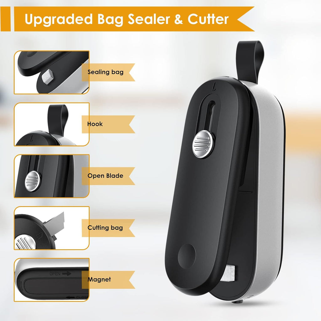Mini Bag Sealer, 2 in 1 Bag Sealer Heat Seal with Cutter, Portable Vacuum Sealer Handheld Bag Resealer Machine with Lanyard for Plastic Bags Food Snack Storage (Batteries Included)