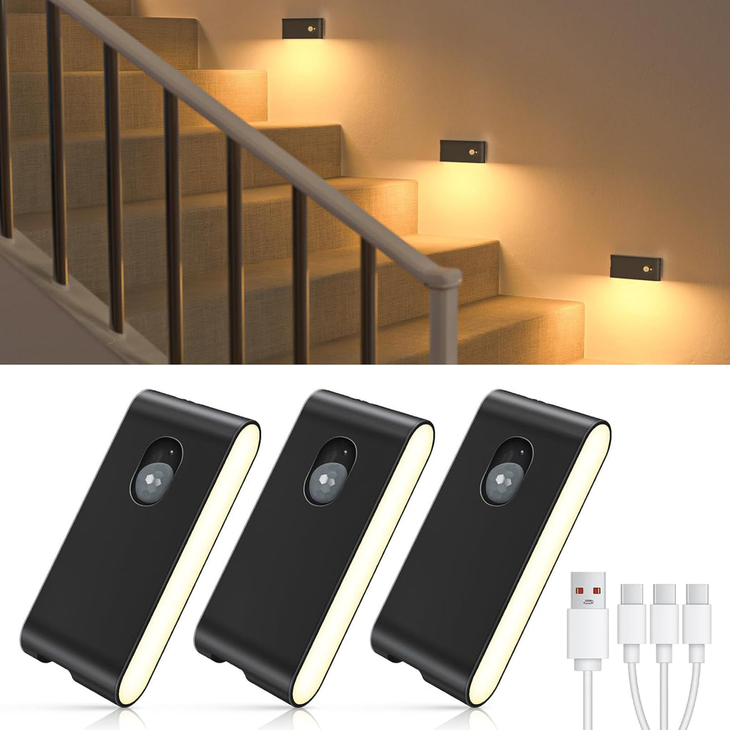 Motion Sensor Night Light, Rechargeable Stair Lights Indoor, Warm White Motion Sensor Light Indoor, Battery Operated Night Light for Hallway, Stairway, Bathroom, Bedroom, Kitchen, 6 Pack