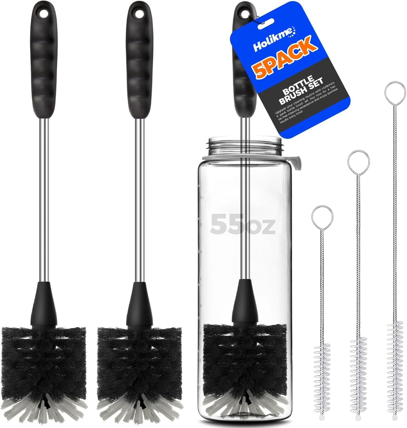 6 Pack Bottle Brush Set, 14" Long Handle Stainless Steel Bottle Cleaner Brush, 3 Straw Brushes, 4-In-1 Bottle Cleaning Brush for Water Bottle, Antistatic Lab Brushes Straws, Black