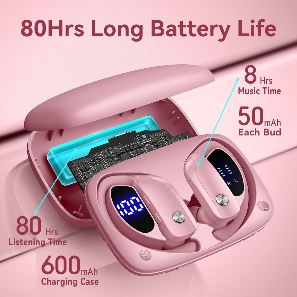 Ear Buds Wireless Earbuds Bluetooth Headphones with 80H Playtime LED Display Case, Over-Ear Hook with Mic, Stereo Sound, Easy Button Controls, Sports Earphones for Running Workout Gym Pink