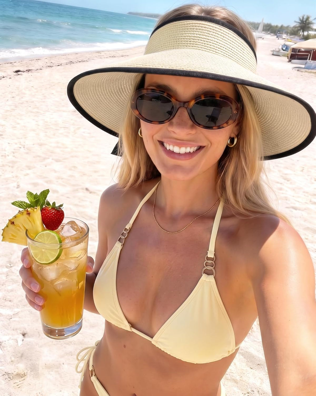 Sun Visors for Women Wide Brim Beach Hat Foldable Straw Visor Hat Ponytail Summer Packable UPF 50+
