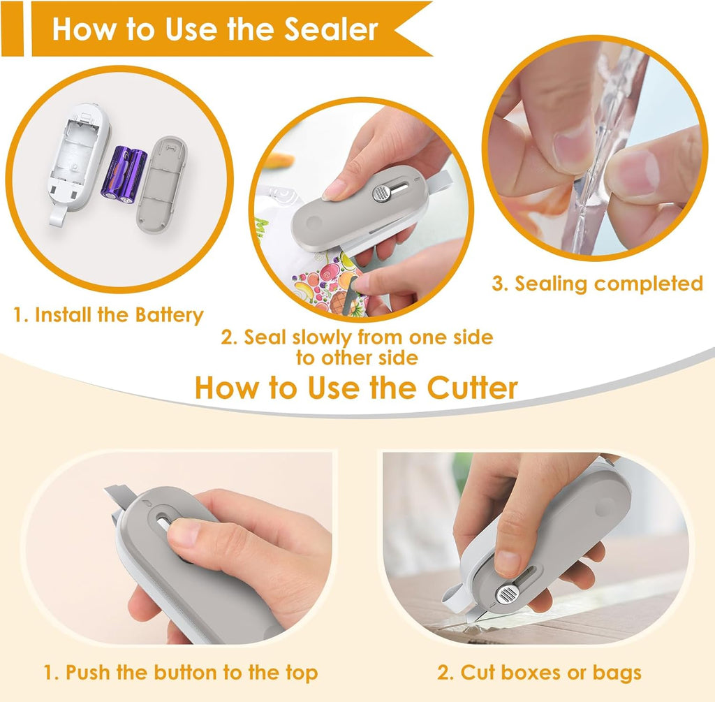 Mini Bag Sealer, Bag Sealer with Cutter 2 in 1 Heat Sealer, Portable Chip Sealer Handheld Food Sealer Mini Sealing Machine for Plastic Bags Chip Bags Food Storage (Battery Included)
