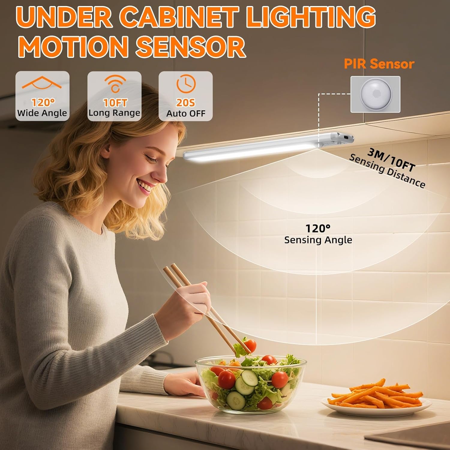 Under Cabinet Lighting Wireless, Rechargeable 10Inch Motion Sensor Light Indoor, 3 Color Closet Light Battery Operated with LED Power Display, Magnetic under Counter Lights for Kitchen, Home (3Pack)