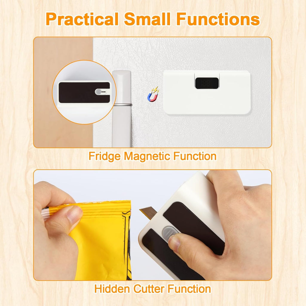 Mini Bag Sealer, Rechargeable Sealer Machine with LED Power Display, 6 Gear Adjustable Portable Bag Sealer Heat Sealer and Cutter, Bag Resealer for Chips Snacks Mylar Plastic Bags