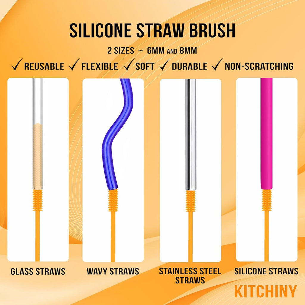 Silicone Bottle Brush with 2 Straw Cleaners - 12.5” Water Bottle Cleaner Brush for Yeti, Hydro Flask, Owala, Stanley, Baby Bottles, Glassware, Vases & Narrow Neck Containers - Orange