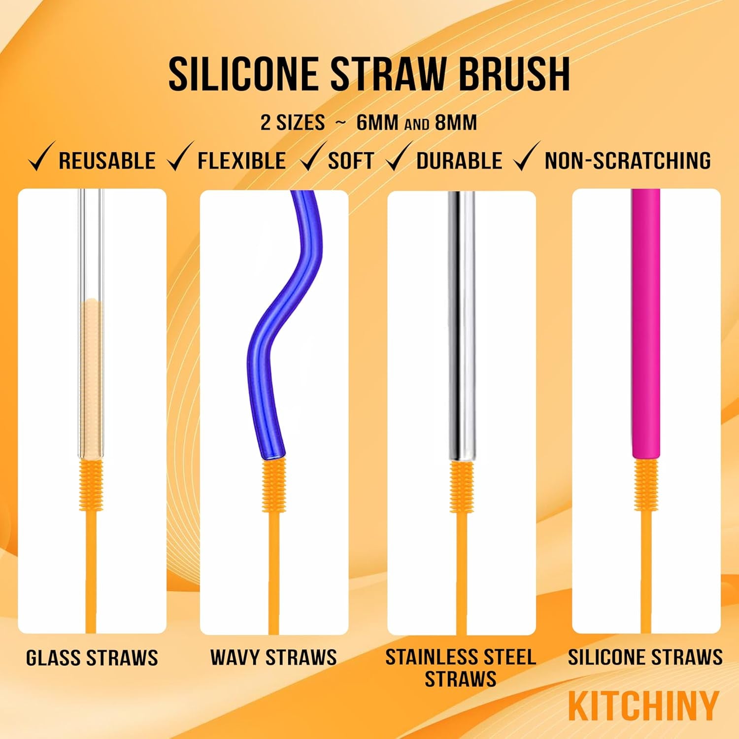 Silicone Bottle Brush with 2 Straw Cleaners - 12.5” Water Bottle Cleaner Brush for Yeti, Hydro Flask, Owala, Stanley, Baby Bottles, Glassware, Vases & Narrow Neck Containers - Orange