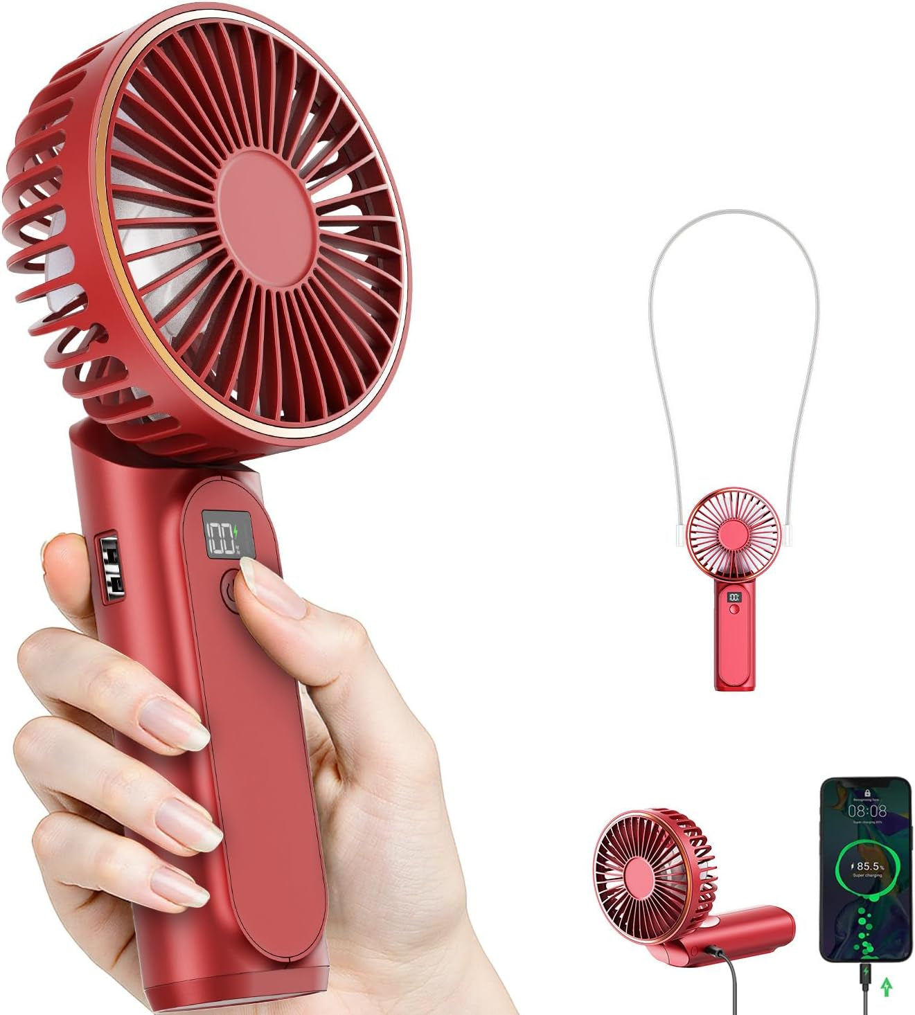 Portable Handheld Fan, Portable Fan Rechargeable, 4000Mah, 180° Adjustable, 6 Speed Wind, Display Electricity in Real Time, USB Rechargeable Foldable F An, Quiet Personal Fan with Power Bank