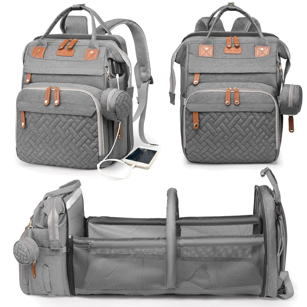Baby Diaper Bag with Changing Station, Waterproof Diaper Bag Backpack for Moms Dads with USB Charging Port, Baby Shower Gifts, Large Capacity Diaper Backpack, Grey