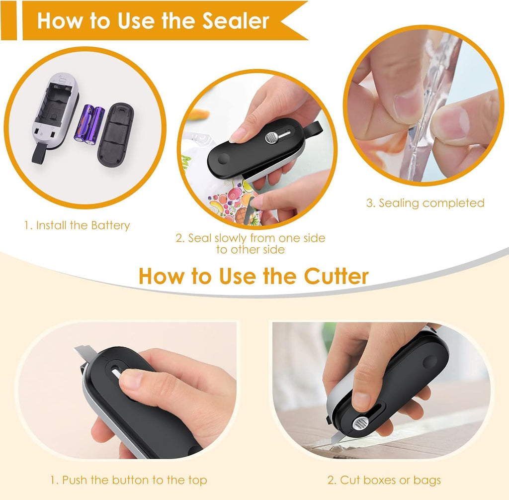 Mini Bag Sealer, 2 in 1 Bag Sealer Heat Seal with Cutter, Portable Vacuum Sealer Handheld Bag Resealer Machine with Lanyard for Plastic Bags Food Snack Storage (Batteries Included)